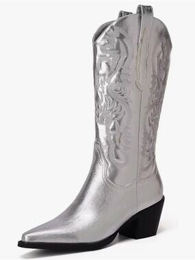 Metallic Silver Western Knee-High Boot - Women